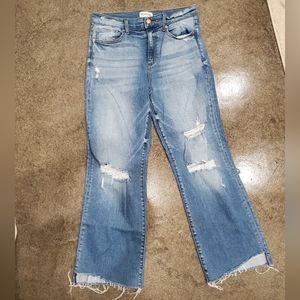 High rise denim-ankle crop jean- uneven hemline